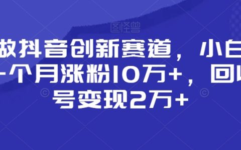 抖音创新赛道，小白一个月涨粉10万+，回收账号变现2万+
